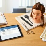 A professional workspace showing tools and study materials for the cosmetology state board exam, including a mannequin head, shears, a highlighted textbook, and a tablet displaying a licensing application portal.