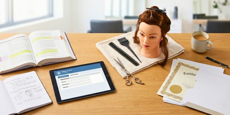 A professional workspace showing tools and study materials for the cosmetology state board exam, including a mannequin head, shears, a highlighted textbook, and a tablet displaying a licensing application portal.