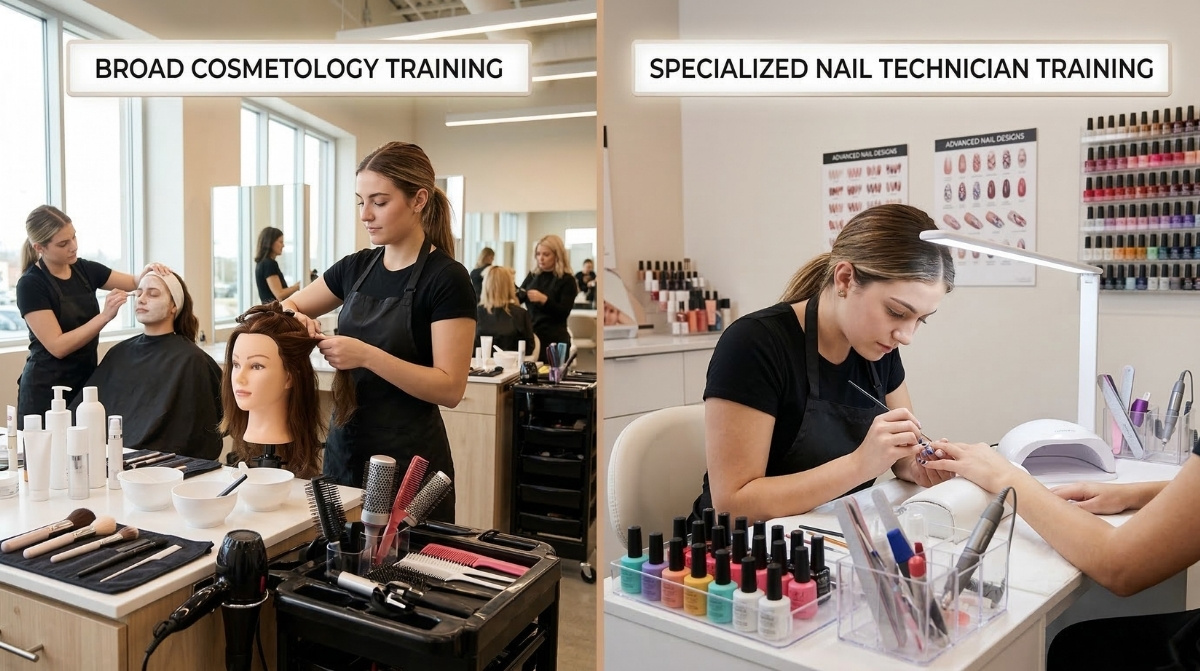 A side-by-side comparison of two beauty career paths in a modern training environment: one side showing a student practicing diverse hair and skincare services, and the other side showing a student performing detailed nail work at a professional manicure station.