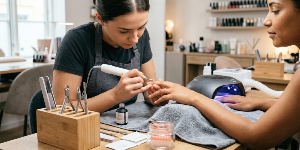 A professional nail technician performing a precise manicuring procedure using an e-file and specialized nail tools.