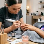 A professional nail technician performing a precise manicuring procedure using an e-file and specialized nail tools.