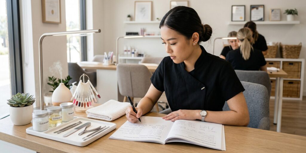 A young nail technician student focused on a workbook at a modern manicure station with professional tools in a bright, airy beauty academy.