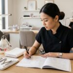 A young nail technician student focused on a workbook at a modern manicure station with professional tools in a bright, airy beauty academy.