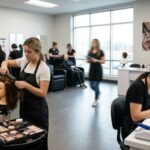 A split view of a modern beauty school classroom where one student practices hair styling on a mannequin and another performs a professional manicure, illustrating the choice between a cosmetology or nail technician program.