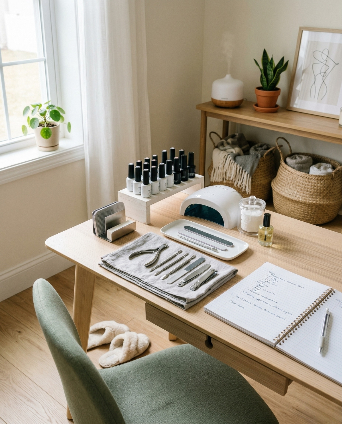 A tidy home nail workstation with professional manicure tools, an open study notebook, and gel polish bottles on a wooden desk in a bright, sunlit room.