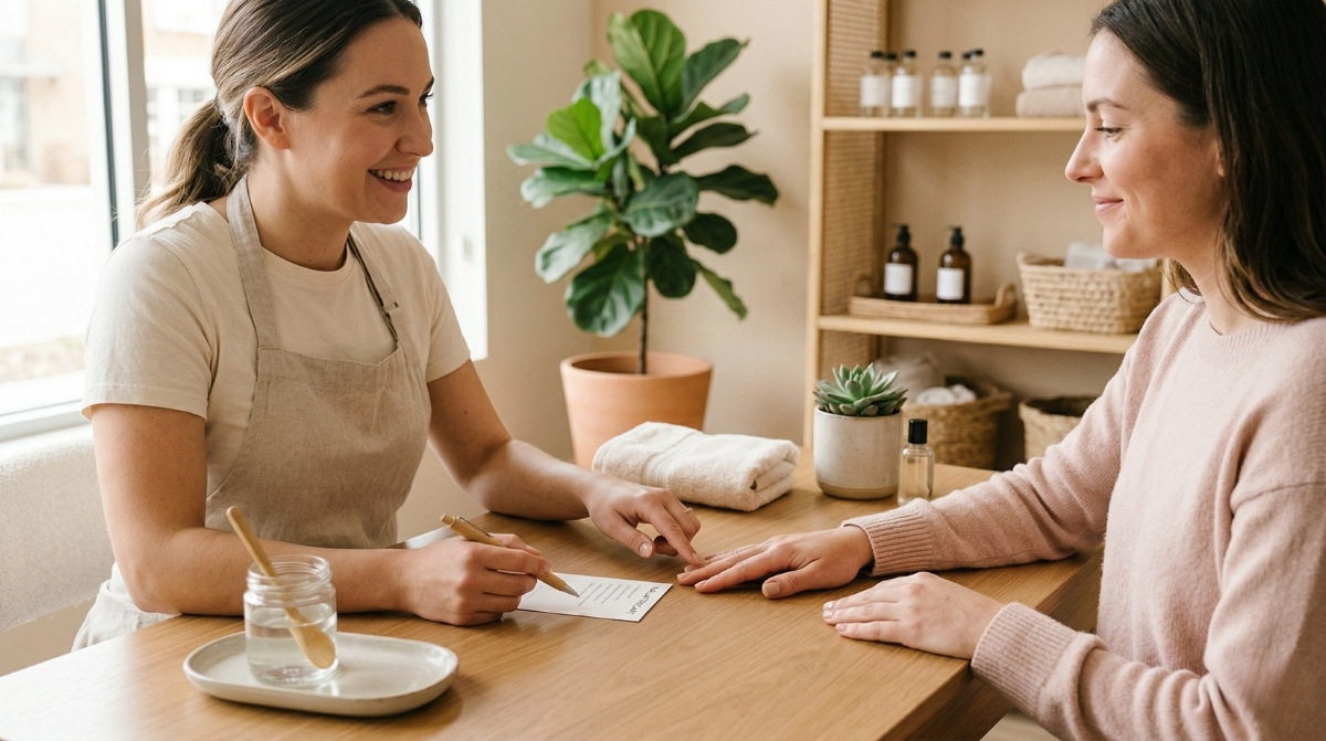 A friendly nail technician reviews nail health with a client across a clean wooden table in a bright salon.