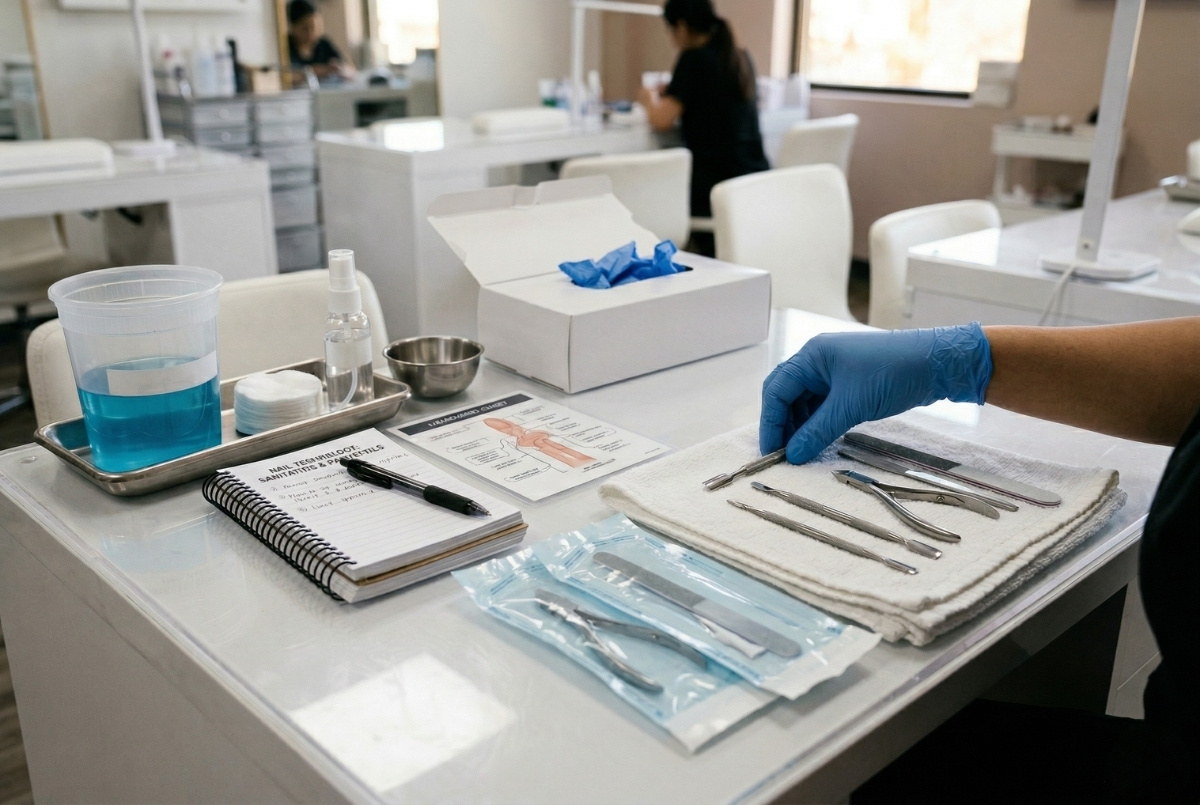 A close-up photograph of a nail technician in blue gloves organizing sterilized metal manicure tools on a white towel, featuring sealed sterilization pouches, study materials, and a disinfecting setup on a clean acrylic workstation.