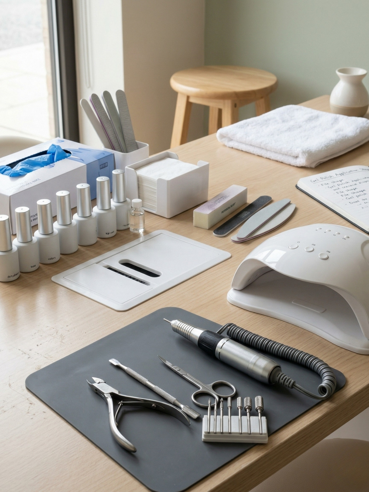 A detailed view of an organized professional nail technician workstation featuring an e-file, cuticle nippers, nail files, a white UV/LED lamp, gel polish bottles, and a training notebook.