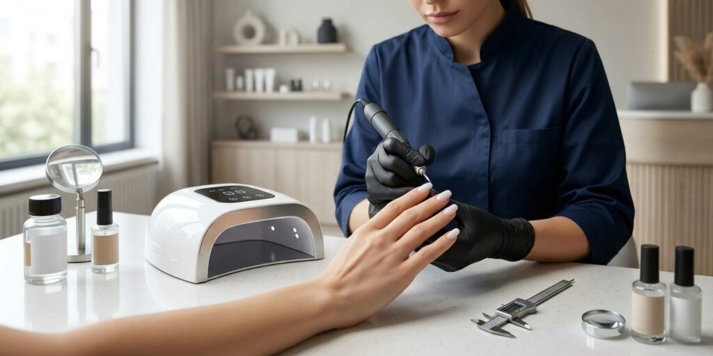 A close-up photograph of a professional nail technician using an electric e-file on a client's well-manicured fingernail, with a modern UV lamp and polish bottles on the countertop in a salon spa setting.