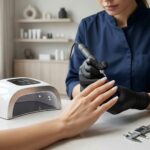A close-up photograph of a professional nail technician using an electric e-file on a client's well-manicured fingernail, with a modern UV lamp and polish bottles on the countertop in a salon spa setting.