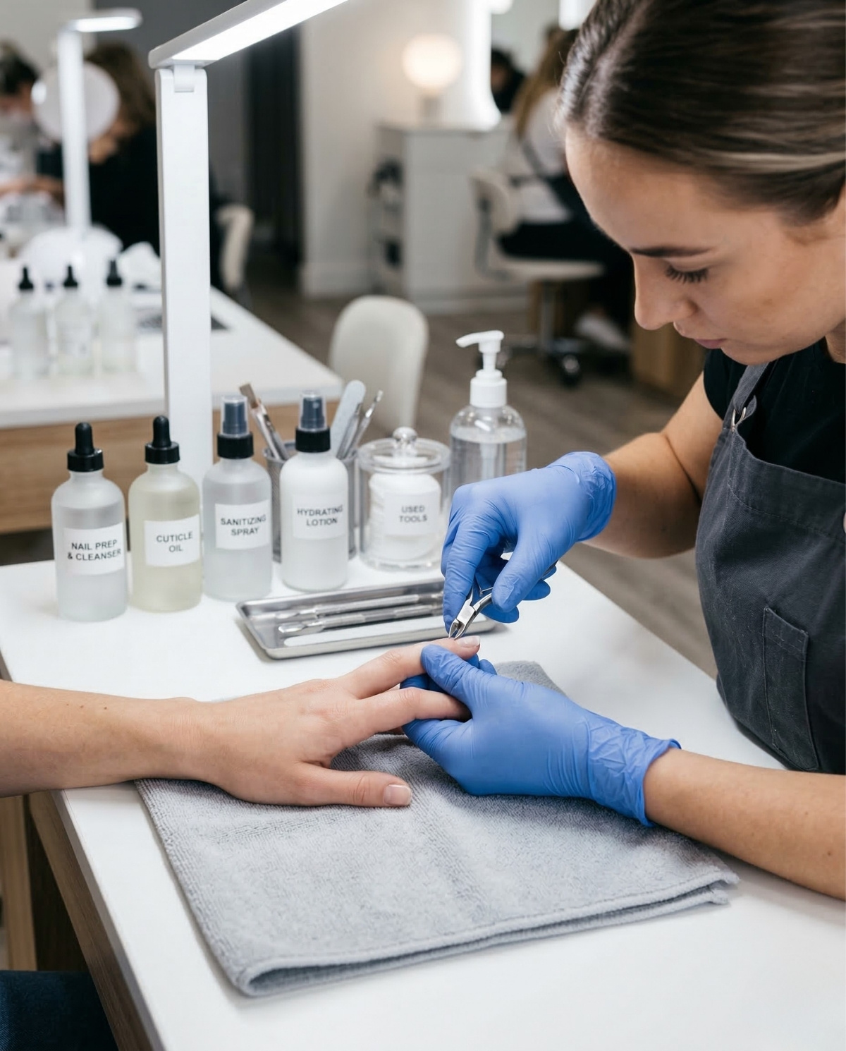A professional nail training close-up of a beauty student wearing blue nitrile gloves performing a precise manicure at a sanitized workstation with labeled hygiene bottles and sterile implements.