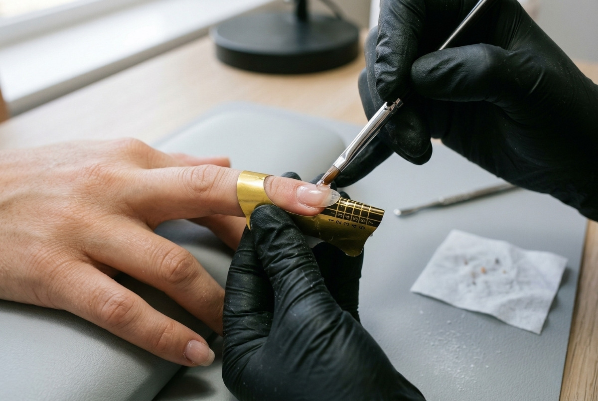 Close up view of a nail technician in black gloves applying clear builder gel over a gold form template.