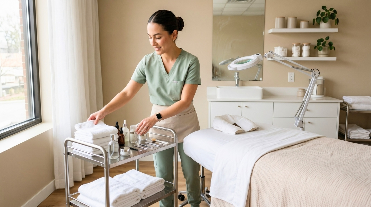 A smiling skincare professional in sage green scrubs prepares a treatment bed and organizes supplies on a rolling metal cart in a bright room.