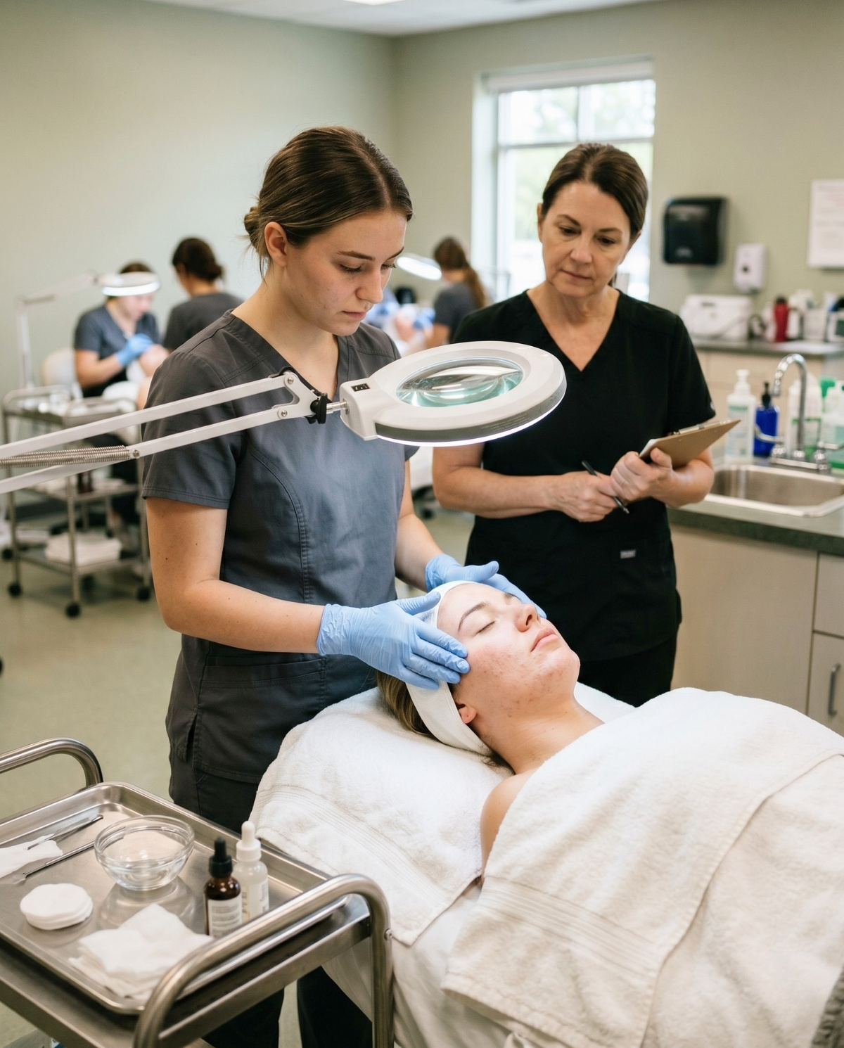 A student esthetician in grey scrubs analyzes a client's skin under a magnifying lamp while an instructor observes in a classroom setting.