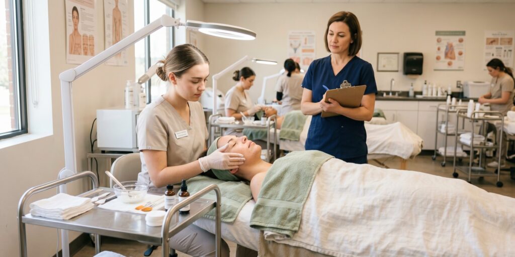 Young esthetics student in tan scrubs gives a facial to a client while a professional instructor watches in a bright training room.