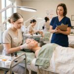 Young esthetics student in tan scrubs gives a facial to a client while a professional instructor watches in a bright training room.
