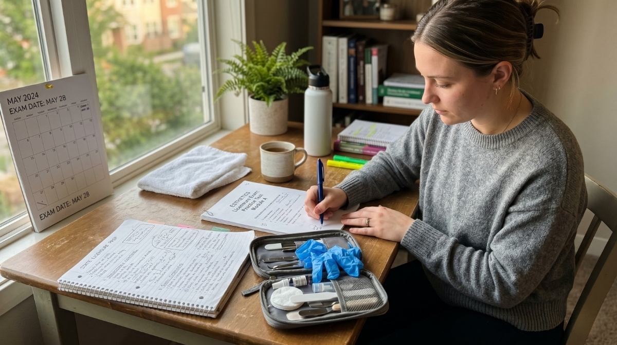 A student reviews handwritten notes and a practice exam at a wooden desk with an open esthetics kit, blue gloves, and a calendar in soft afternoon light.