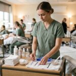 A focused esthetician student in a sage green uniform organizing skincare products and facial tools on a rolling cart in a professional training room.