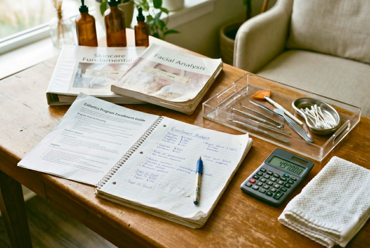 A student workspace featuring an open budget notebook, esthetician tools in a clear tray, skincare textbooks, and a calculator on a wooden table.