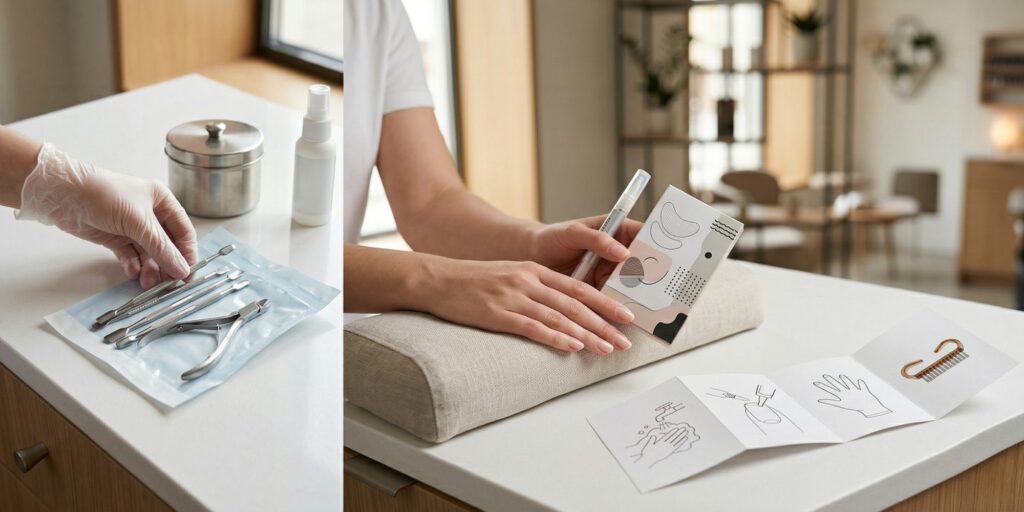 A high-resolution close-up of a clean nail salon station featuring sterilized metal tools in a pouch, a hydrogel nail patch, and a nail care pen.