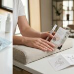 A high-resolution close-up of a clean nail salon station featuring sterilized metal tools in a pouch, a hydrogel nail patch, and a nail care pen.