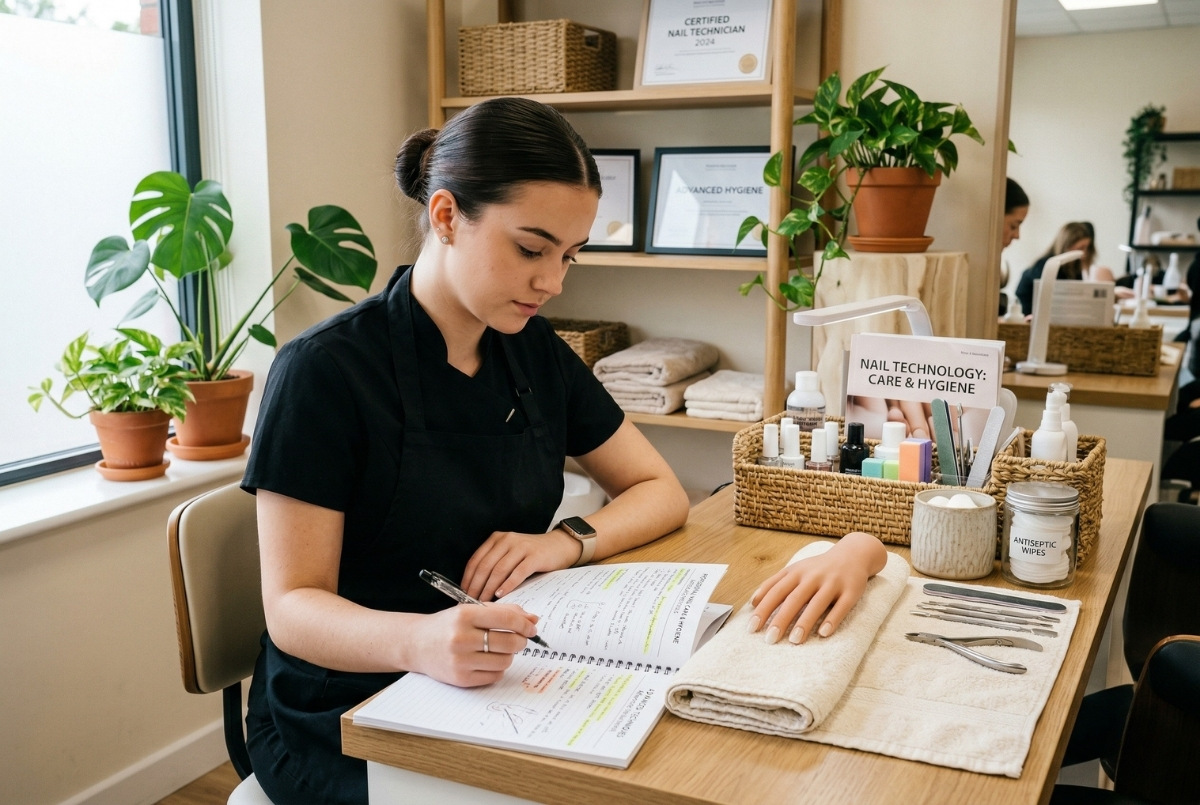 A student in a black uniform reviews training notes at a clean manicure station with a model hand and hygiene supplies in a bright studio.