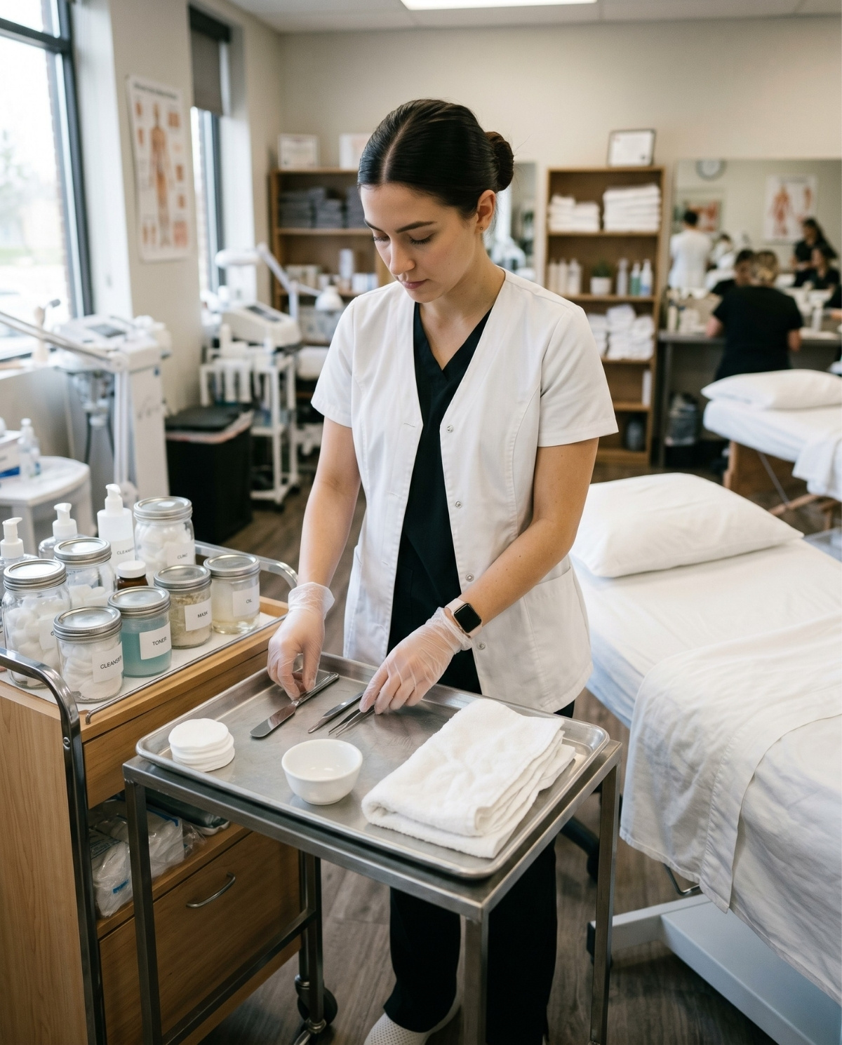 A student esthetician wearing a white smock and gloves while setting up a facial treatment tray in a bright training room.