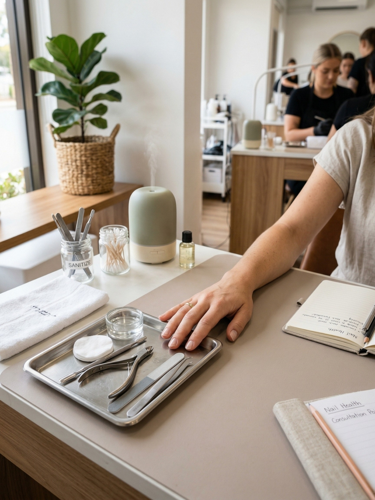 Realistic photograph of an upscale nail technician workstation with a client's hand, disinfected metal tools on a tray, notebooks with 'Nail Health' notes, a diffuser, and a potted plant in a training salon setting.
