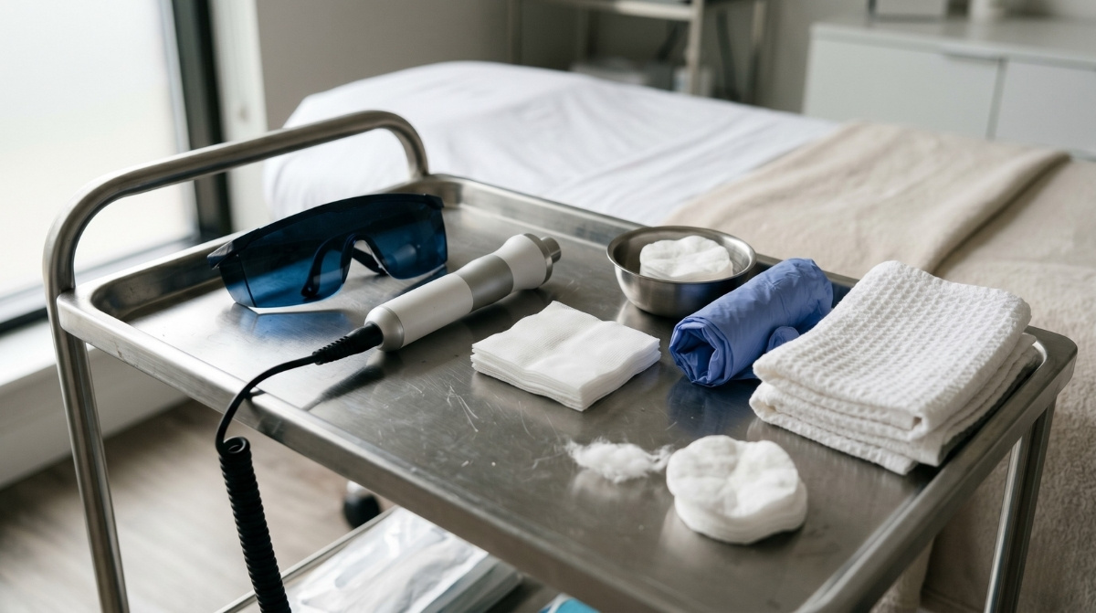 Blue protective eyewear and a specialized skincare device rest on a stainless steel tray with sterile supplies in a professional clinical setting.