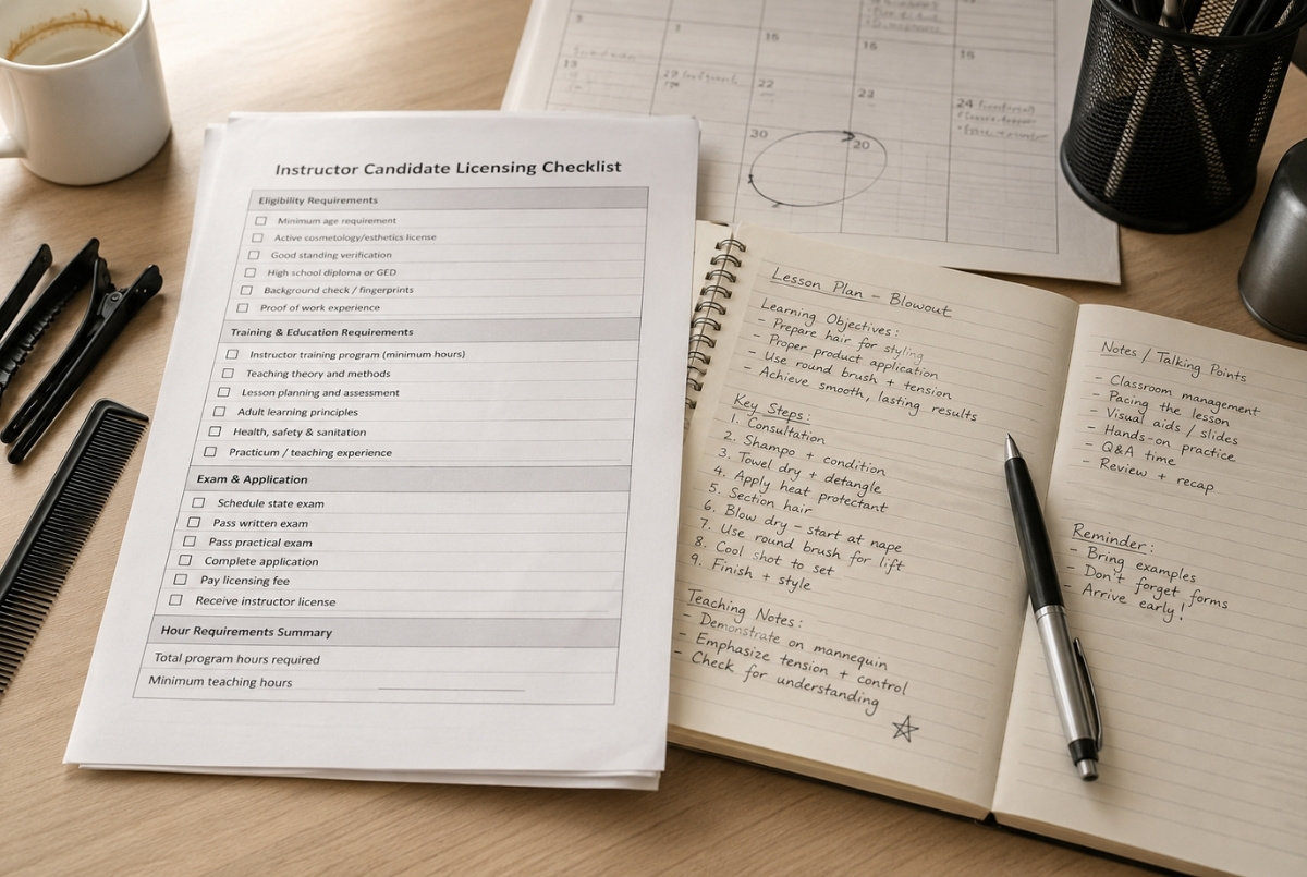 Instructor candidate licensing checklist with lesson planning notes, calendar, pen, comb, and hair clips on a desk.