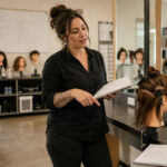 Beauty instructor teaching beside a mannequin head in a cosmetology classroom with lesson notes and salon tools.