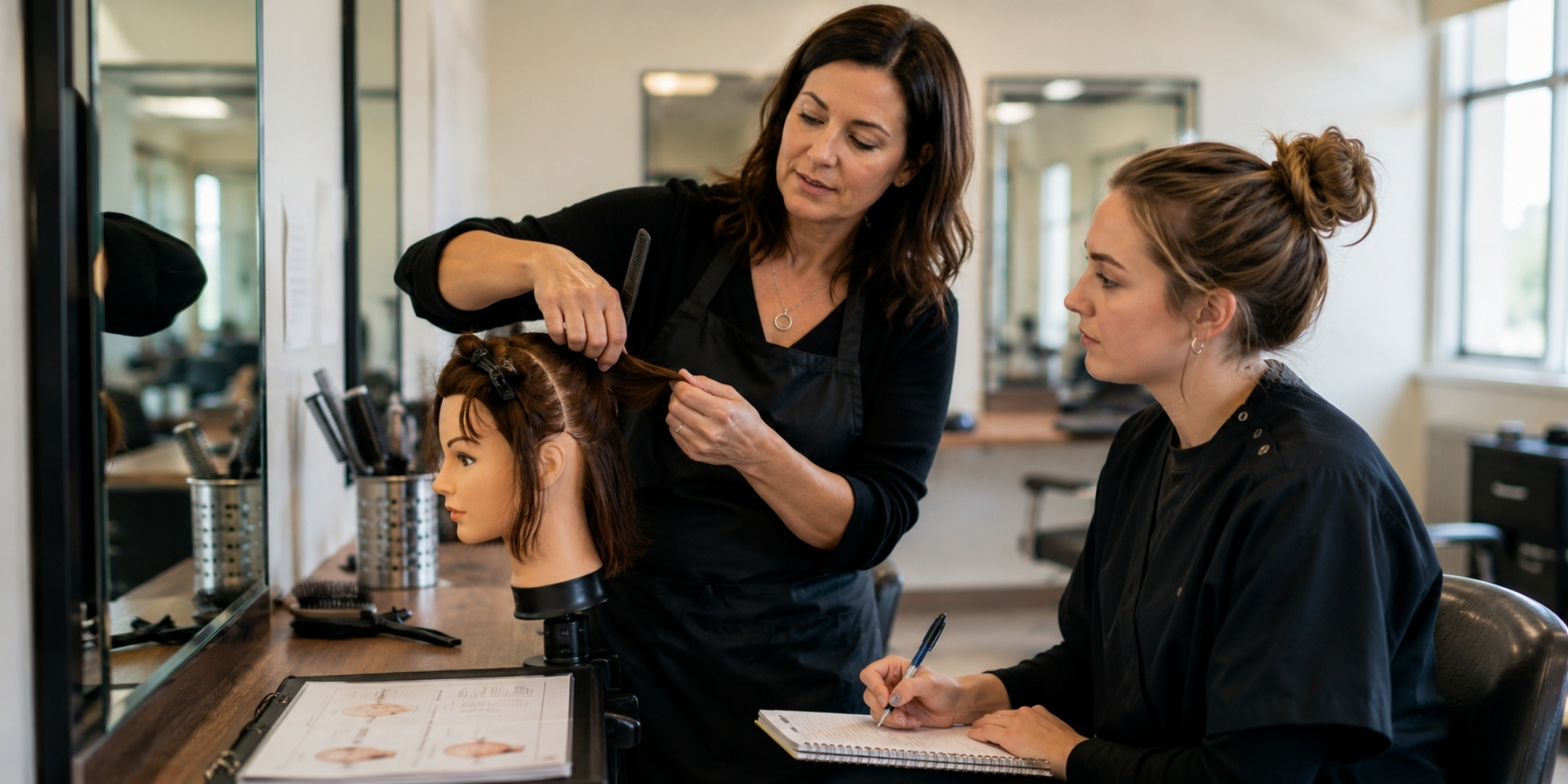 Beauty instructor and student reviewing a tablet lesson with a practice model in a modern cosmetology classroom.