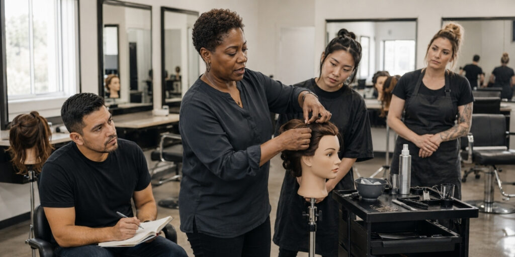 Beauty instructor demonstrating hairstyling techniques on a mannequin head while adult students observe and take notes in a modern cosmetology training classroom.