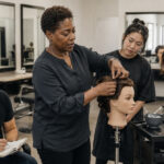 Beauty instructor demonstrating hairstyling techniques on a mannequin head while adult students observe and take notes in a modern cosmetology training classroom.