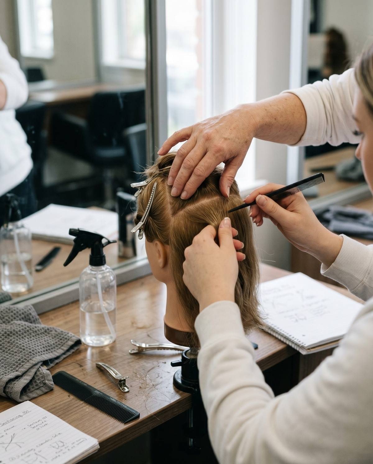 Close up of a beauty instructor guiding a student's hands to correctly section hair on a mannequin head during a training session.