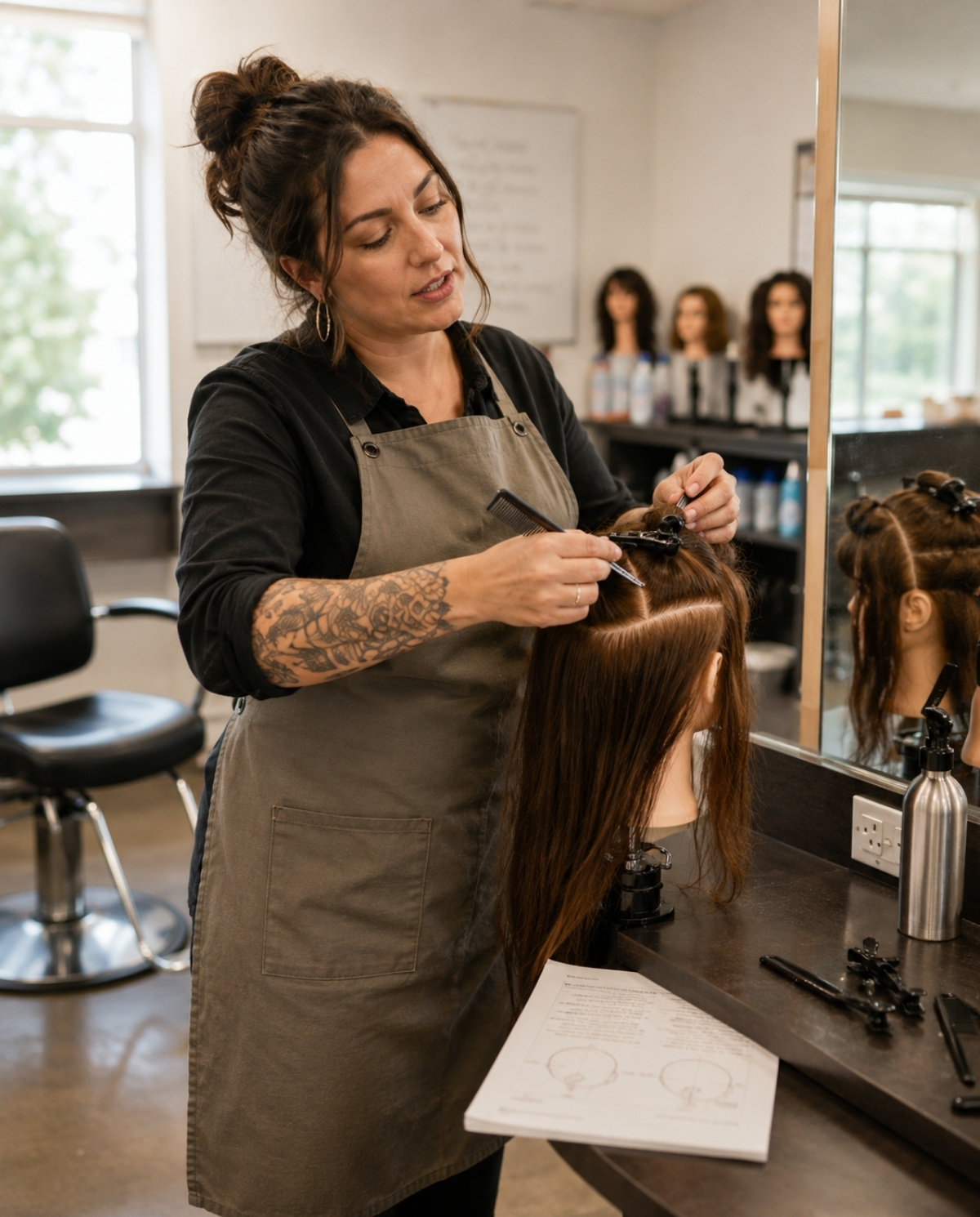 Cosmetology instructor demonstrating hair sectioning on a mannequin head during a beauty school training lesson.