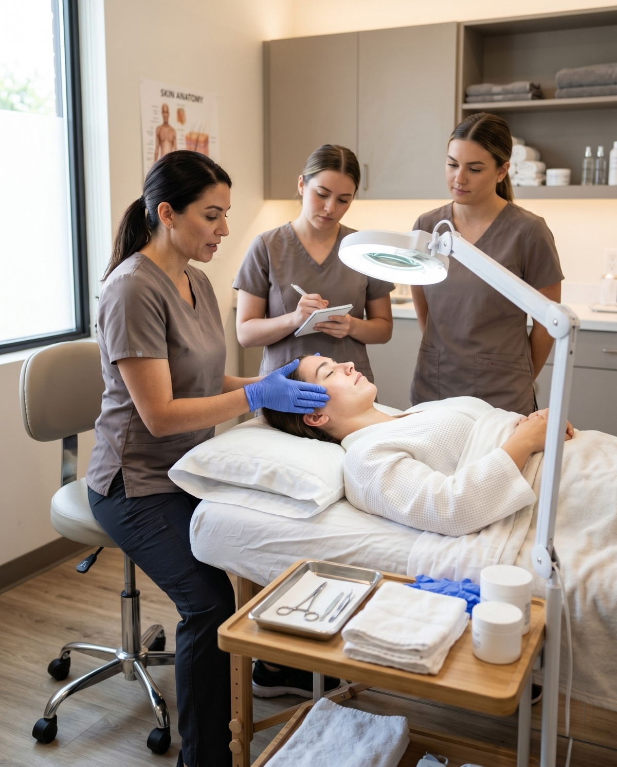 An esthetics instructor with blue gloves performs a skin analysis on a client under a magnifying lamp in a professional treatment room, observed by two students.