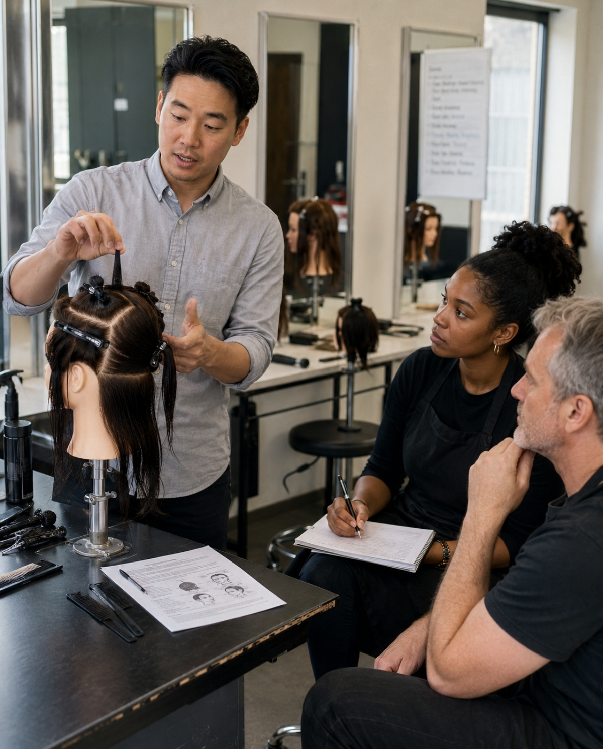 Hairdressing instructor explaining a sectioned mannequin hairstyle to adult students during a practical beauty instructor training lesson.
