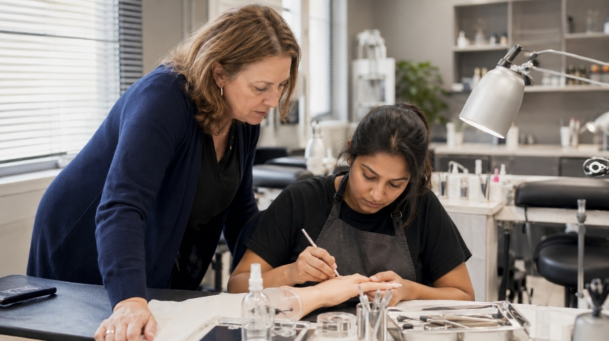 Nail instructor supervising a student practicing on a mannequin hand at a clean beauty school training station with sanitized tools.