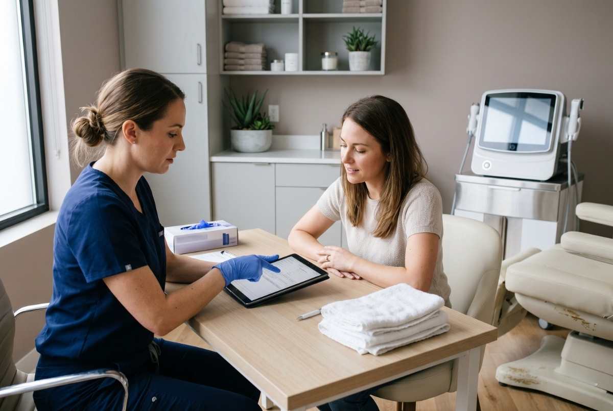A realistic photograph of a female aesthetic nurse in blue scrubs and gloves seated at a desk, pointing to a generic digital treatment plan on a tablet screen during a consultation with a female client in a modern medical spa room. An advanced skincare device and treatment chair are visible in the background.
