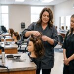 A beauty school instructor demonstrates hair styling techniques on a mannequin head for a group of students in a classroom.