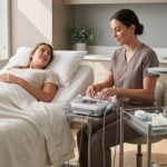 An esthetician in neutral scrubs prepares advanced skincare equipment for a client resting on a comfortable treatment bed in a bright modern clinic.