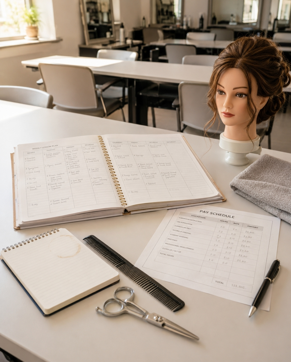 Beauty instructor workspace with an open weekly lesson planner, pay schedule sheet, mannequin head, shears, comb, towel, and classroom desks.