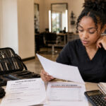 Beauty school student reviews financial aid paperwork beside a cosmetology tool kit, calculator, notebook, and mannequin in a training salon.