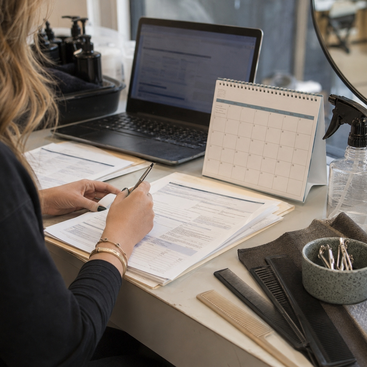 Stylist reviewing renewal forms at a salon desk with a calendar, blurred laptop, disinfected combs, clips, and a pen.