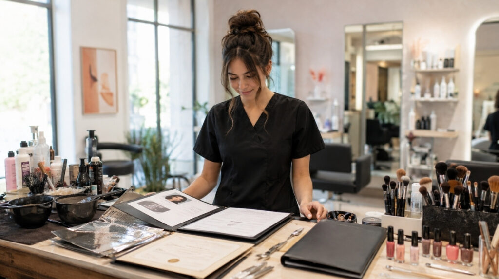 Graduate in a bright salon reviewing career tools for hair, nails, makeup, resume preparation, license paperwork, and portfolio planning.