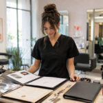 Graduate in a bright salon reviewing career tools for hair, nails, makeup, resume preparation, license paperwork, and portfolio planning.