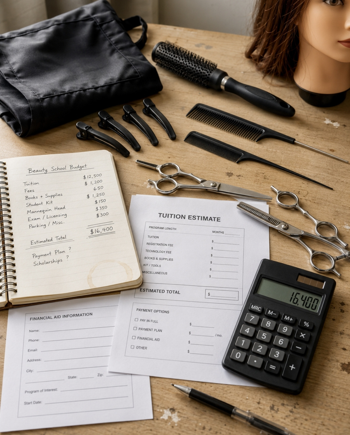 Cosmetology tools, tuition estimate forms, calculator, and budget notebook arranged on a desk for beauty school cost planning.