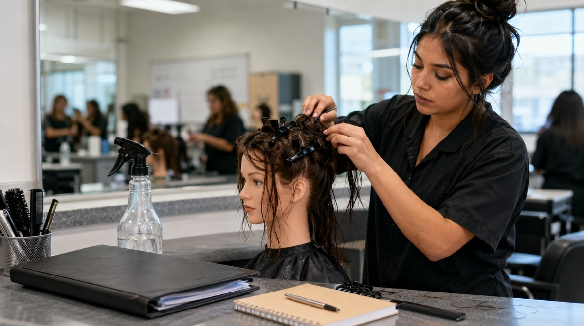 Cosmetology student practices hairstyling on a mannequin while a financial planning folder sits nearby in a salon classroom.