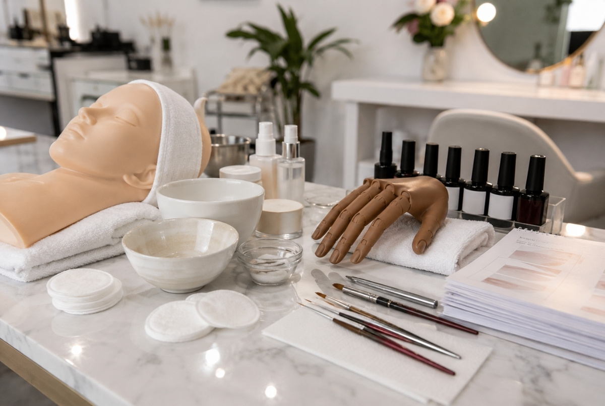 Esthetics and nail instructor training table with a facial practice mannequin, nail practice hand, bowls, cotton pads, brushes, gel bottles, towels, and worksheets.